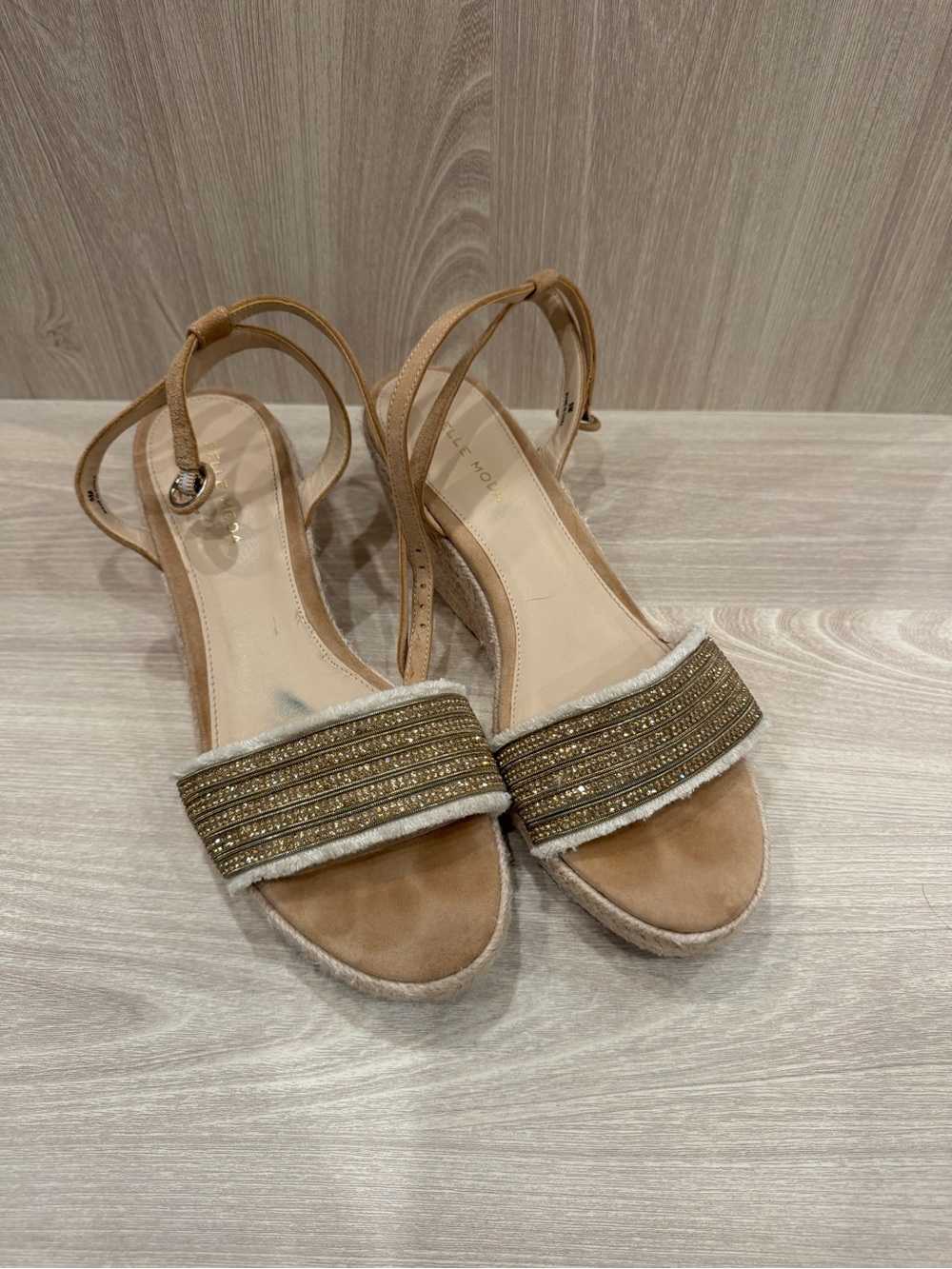 Pelle Moda Tan Espadrille Wedge Sandals with Embellished Front Strap